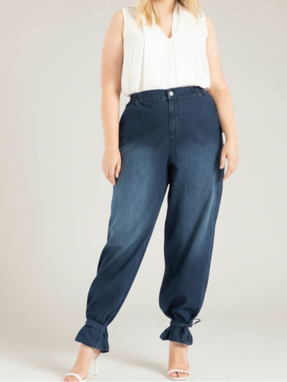 Eloquii Baggy Lightweight Cotton High Waisted Jeans With Tie Ankles Size 14